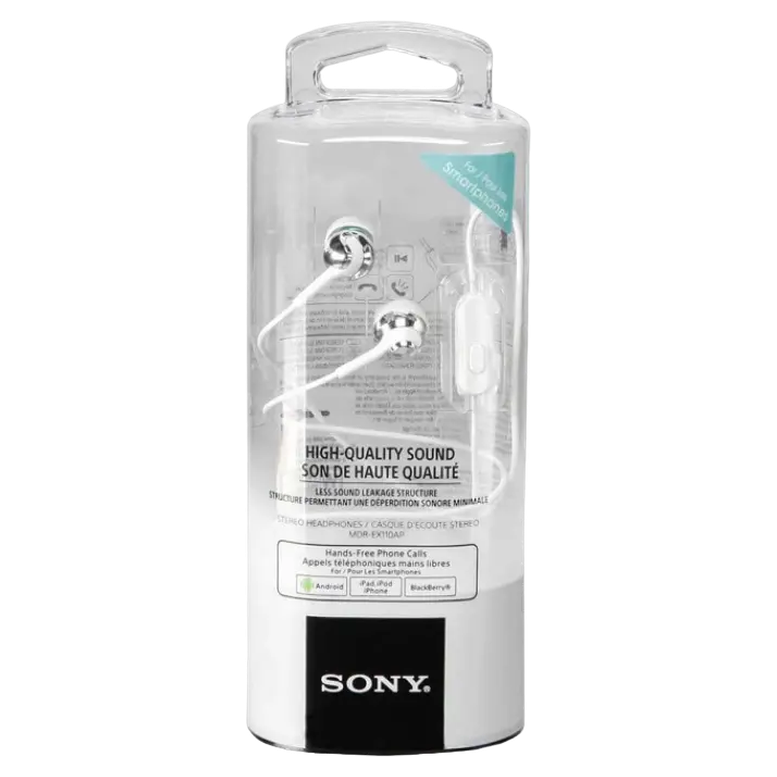 Earphones  SONY  MDR-EX110AP, Mic on cable,  4pin 3.5mm jack L-shaped, Cable: 1.2m, White 4