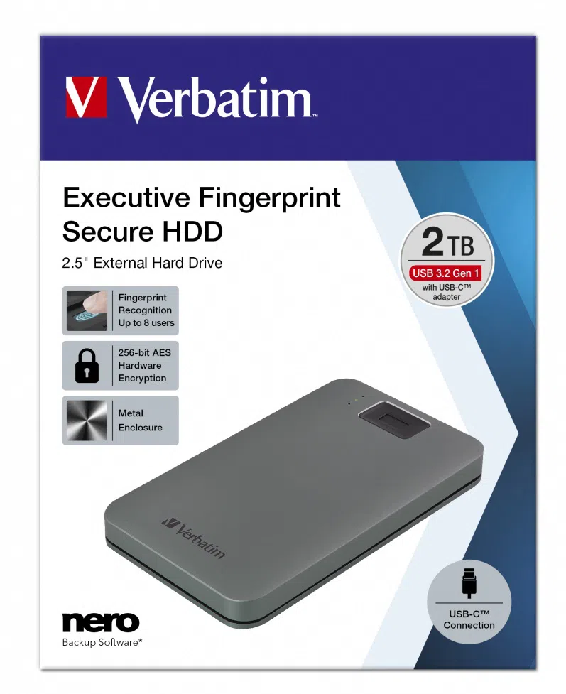 2.5" External HDD 2.0TB (USB3.2/USB-C)  Verbatim Executive Fingerprint Secure, Grey, Aluminium, Sleek, Nero Backup Software, Green Button Energy Saving Software