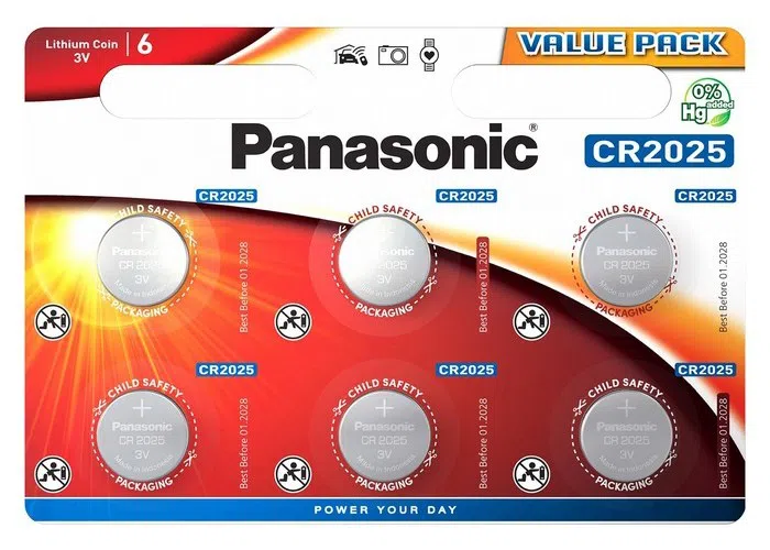 Дисковые батарейки Panasonic CR-2025EL, CR2025, 6шт.