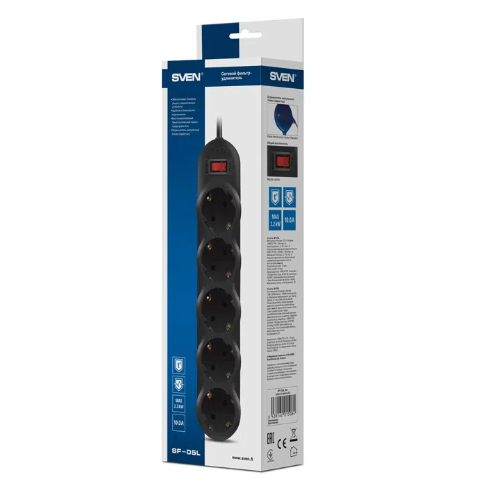Prelungitor electric SVEN SF-05L, 5Prize, 1,8m, Negru 2