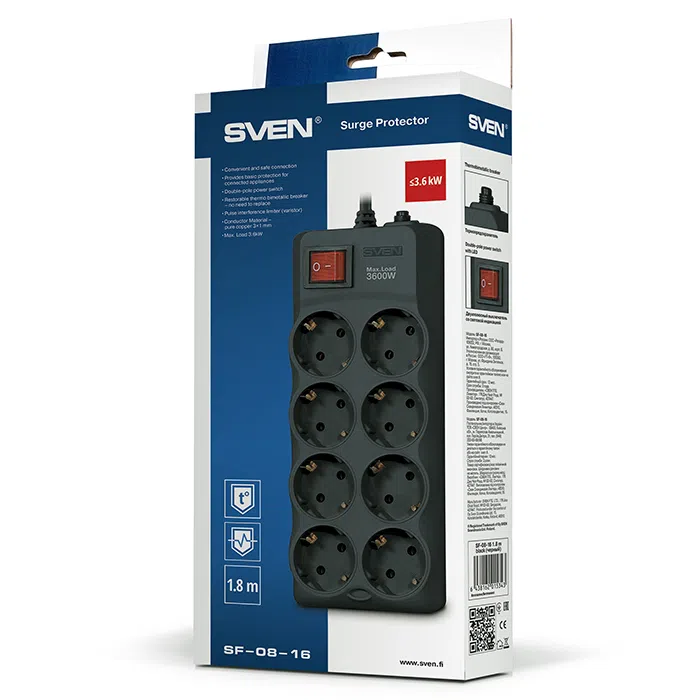 Surge Protector 8 Sockets, 3.0m, Sven "SF-08-16", Black, flame-retardant material 2