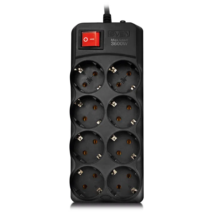 Surge Protector 8 Sockets, 3.0m, Sven "SF-08-16", Black, flame-retardant material