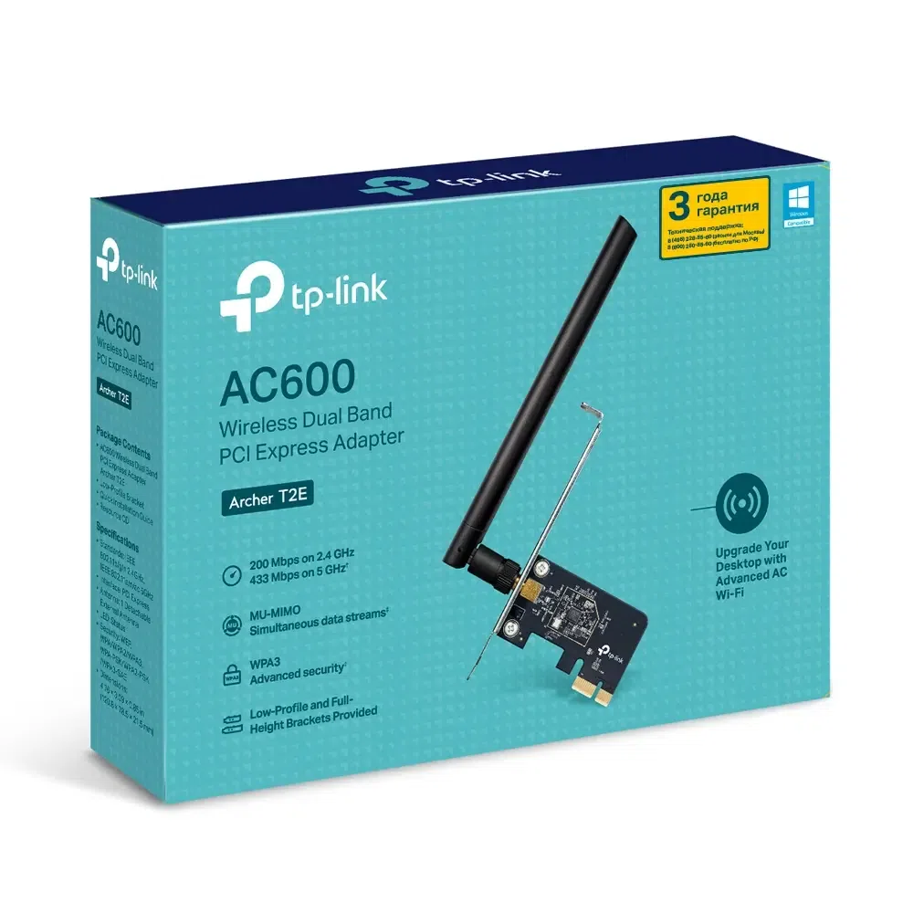 PCIe Wi-Fi AC Dual Band LAN Adapter, TP-LINK "Archer T2E", 600Mbps, MU-MIMO 3