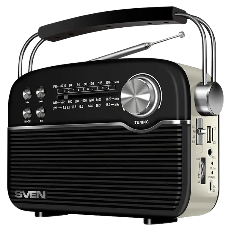 SV SRP-500 Black SVEN SRP-500 Black, FM/AM/SW Radio, 3W RMS, 8-band radio receiver, built-in audio files player from USB-fash, microSD and SD card storage devices, telescopic swivel antenna, built-in battery 3