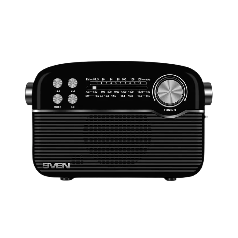 SV SRP-500 Black SVEN SRP-500 Black, FM/AM/SW Radio, 3W RMS, 8-band radio receiver, built-in audio files player from USB-fash, microSD and SD card storage devices, telescopic swivel antenna, built-in battery 5