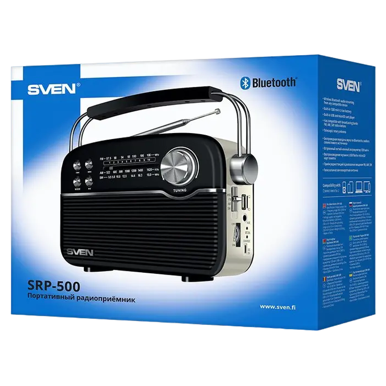 SV SRP-500 Black SVEN SRP-500 Black, FM/AM/SW Radio, 3W RMS, 8-band radio receiver, built-in audio files player from USB-fash, microSD and SD card storage devices, telescopic swivel antenna, built-in battery 11