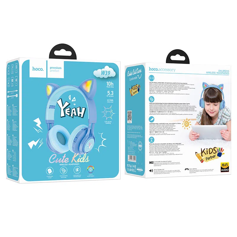 HOCO W39 Cat ear kids BT headphones Blue