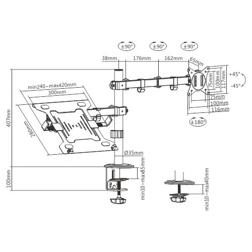 Gembird MA-DA-03, Adjustable desk mount with monitor arm and notebook tray, Supports monitors up to 32" and notebooks up to 15.6", black 3
