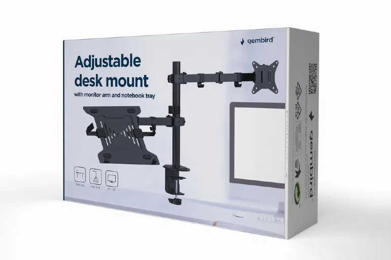 Gembird MA-DA-03, Adjustable desk mount with monitor arm and notebook tray, Supports monitors up to 32" and notebooks up to 15.6", black 2