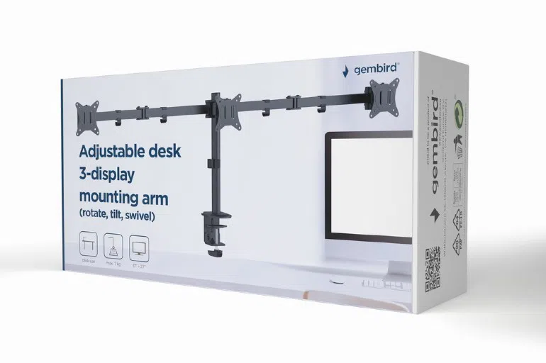 Arm for 3 monitors 17"-27" Gembird MA-D3-01, Adjustable desk 3-display mounting arm (rotate, tilt, swivel), up to 7 kg, VESA 75/100, black 2