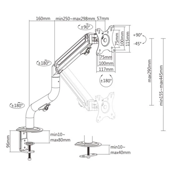 Arm for 1 monitor 17"-32" - Gembird MA-DA1-02, Adjustable desk display mounting arm, Gas spring 2-8kg, VESA 75/100, arm rotates, extends and retracts, tilts to change reading angles, and allows to rotate display from landscape-to-portrait mode 2
