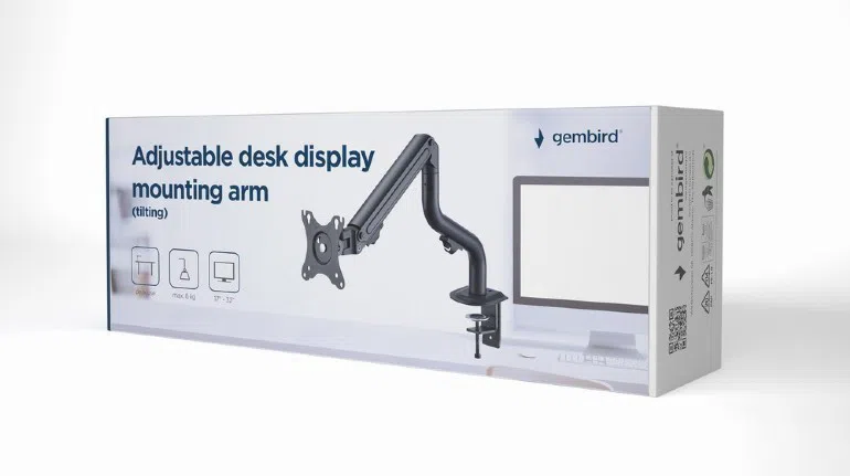 Arm for 1 monitor 17"-32" - Gembird MA-DA1-02, Adjustable desk display mounting arm, Gas spring 2-8kg, VESA 75/100, arm rotates, extends and retracts, tilts to change reading angles, and allows to rotate display from landscape-to-portrait mode 3