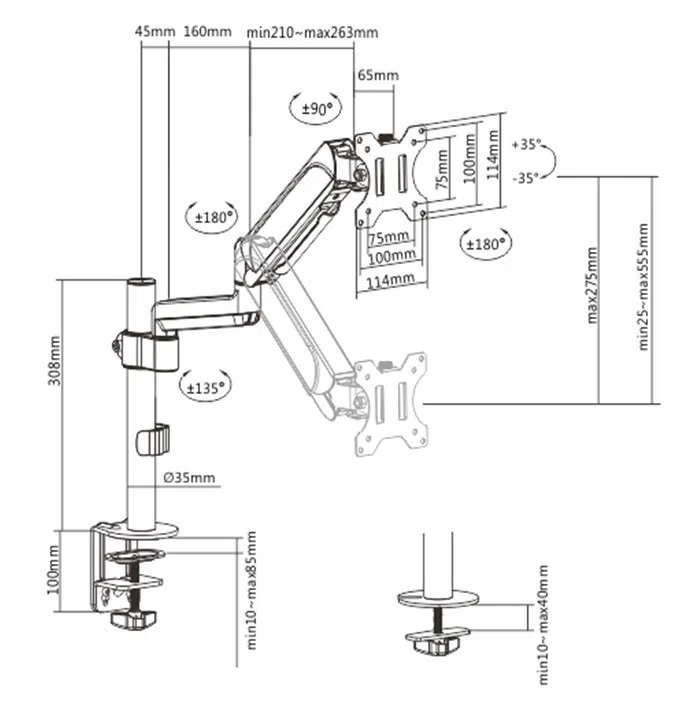 Arm for 1 monitor 17"-32" - Gembird MA-DA1P-01, Adjustable desk display mounting arm, Gas spring 2-9 kg, VESA 75/100, arm rotates, extends and retracts, tilts to change reading angles, and allows to rotate display from landscape-to-portrait mode 2