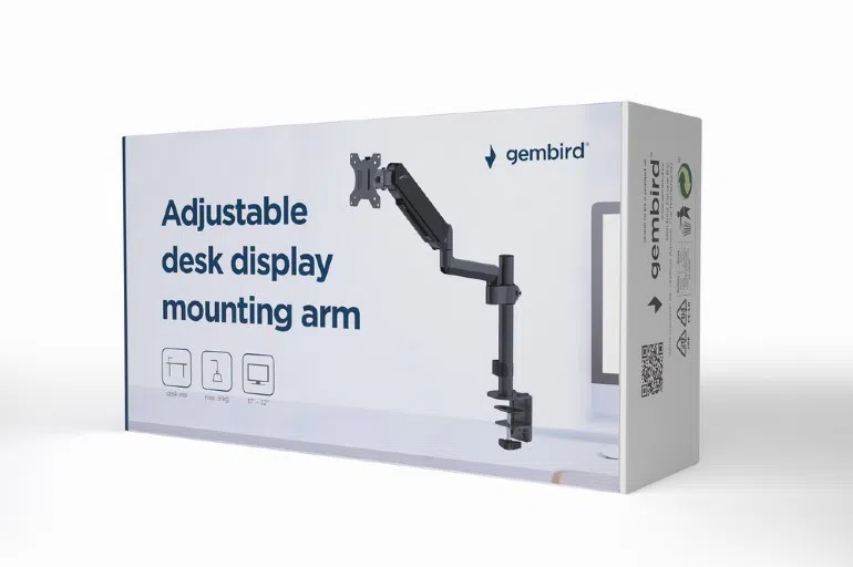 Arm for 1 monitor 17"-32" - Gembird MA-DA1P-01, Adjustable desk display mounting arm, Gas spring 2-9 kg, VESA 75/100, arm rotates, extends and retracts, tilts to change reading angles, and allows to rotate display from landscape-to-portrait mode 3