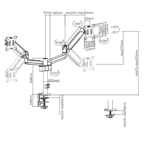 Arm for 2 monitors 17"-32" - Gembird MA-DA2P-01, Adjustable desk 2 displays mounting arm, Gas spring 2-9 kg, VESA 75/100, arm rotates, extends and retracts, tilts to change reading angles, and allows to rotate display from landscape-to-portrait mode 2
