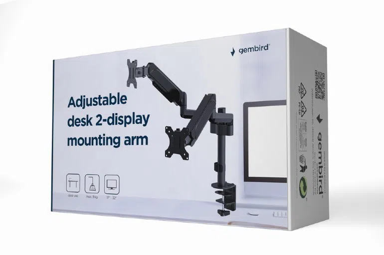 Arm for 2 monitors 17"-32" - Gembird MA-DA2P-01, Adjustable desk 2 displays mounting arm, Gas spring 2-9 kg, VESA 75/100, arm rotates, extends and retracts, tilts to change reading angles, and allows to rotate display from landscape-to-portrait mode 3