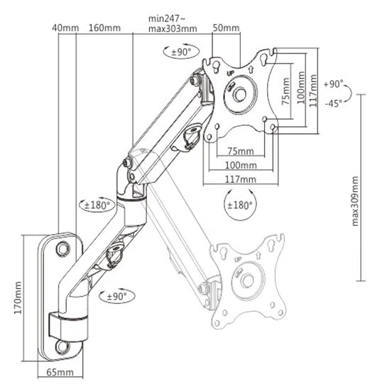 Monitor wall mount arm for 1 monitor up to 27" Gembird MA-WA1-02, Adjustable wall display mounting arm (rotate, tilt, swivel), VESA 75/100, up to 9 kg, black 2