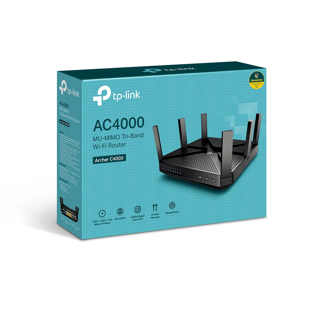 TP-LINK Archer Archer C4000 AC4000 Tri Band Wireless Gigabit Router, MU-MIMO, 1625Mbps + 1625Mbps at 5Ghz + 750Mbps at 2.4Ghz, 802.11ac/a/b/g/n + 802.3ab, 1 Gigabit WAN + 4 Gigabit LAN, 1xUSB 3.0+1xUSB2.0, 6 detachable antennas