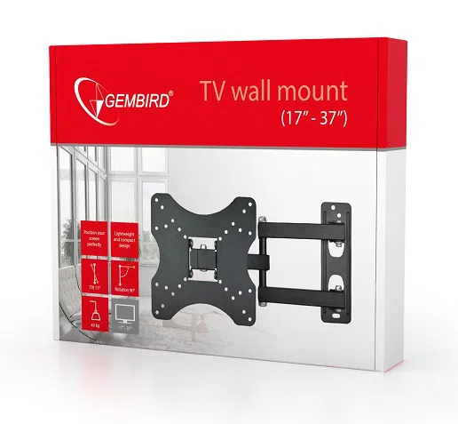 TV-Wall Mount for 17-37"- Gembird "WM-37RT-01", Rotate & Tilt, max. 40 kg, Rotation 90°, Tilting angle 15°, Distance TV to Wall: 40-340 mm, max. VESA 200 x 200, Black