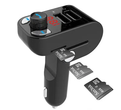 USB Car Charger 3-in-1 carkit - Gembird "BTT-02" Black, FM-radio transmitter 87.5-108MHz, MicroSD and USB MP3 audio player, Bluetooth 4.2, USB 3.1 A charger 5V DC up to 3.1 A