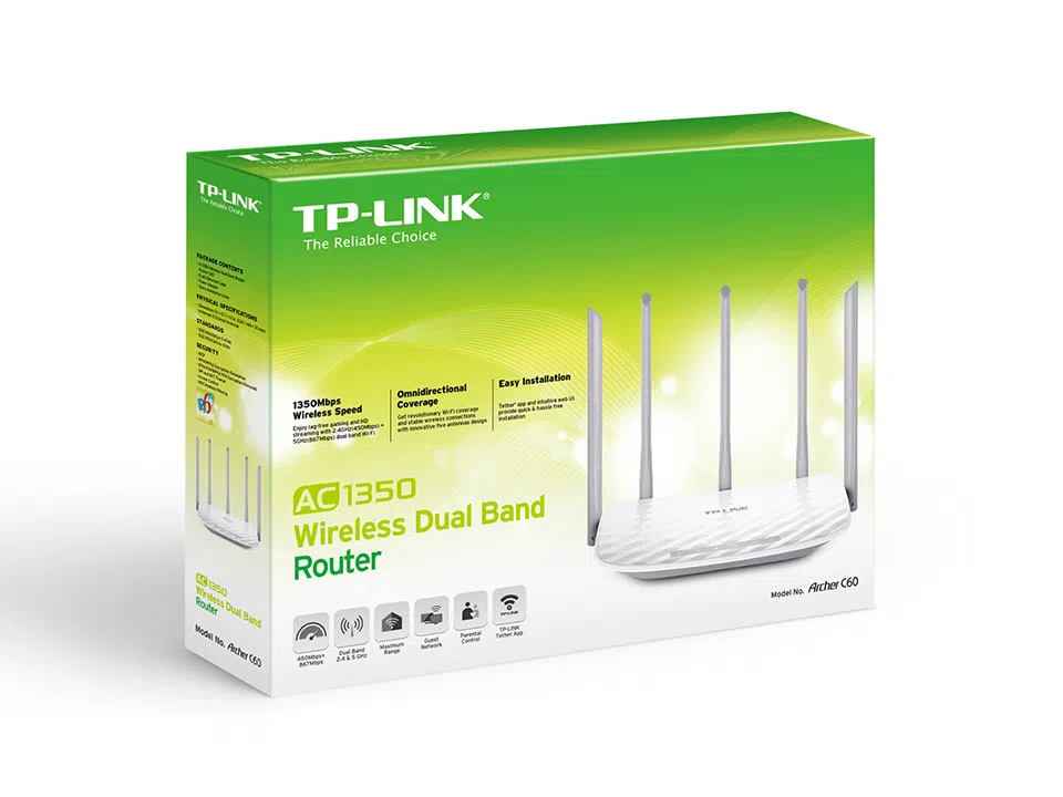 TP-LINK  Archer C60  AC1350 Dual Band Wireless Router, Atheros, 867Mbps at 5Ghz + 450Mbps at 2.4Ghz, 802.11ac/a/b/g/n, 1 WAN + 4 LAN, Wireless On/Off and WPS button, 3 x 2.4GHz fixed antennas + 2 x 5GHz antennas