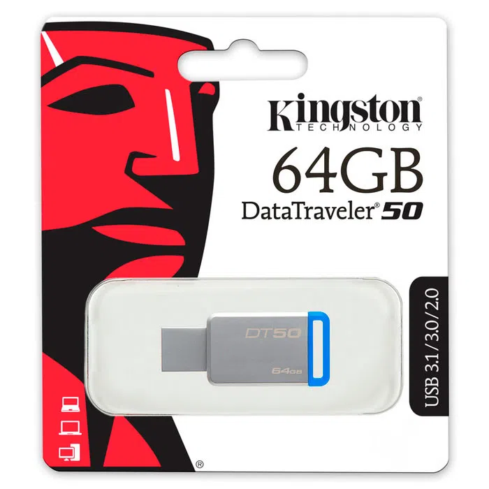 64GB USB Flash Drive Kingston DataTraveler 50 (USB 3.1, Metal, Unibody), Silver Blue 4