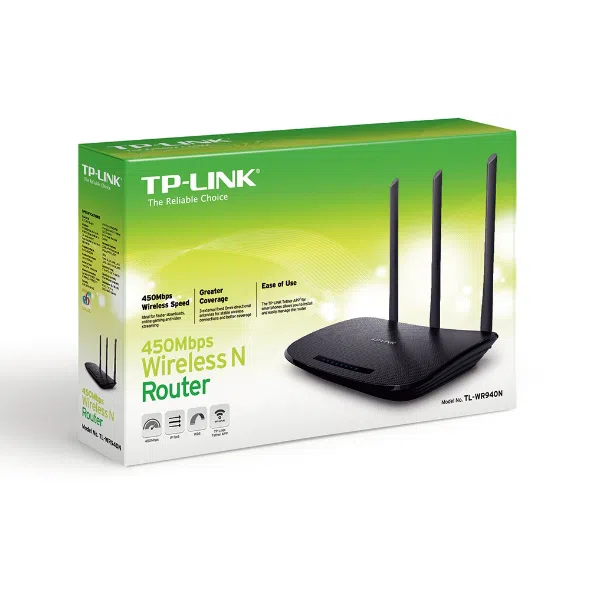 TP-LINK TL-WR940N  N450 Wireless Router, Atheros, 3T3R, 450Mbps on 2.4GHz, 802.11n/b/g, 1 WAN + 4 LAN, with 3 fixed antennas