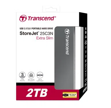 2.5" External HDD 2.0TB (USB3.0) Transcend StoreJet 25С3, Silver, Alum.casing, Crafted w.aluminum anodizing and CNC milling technology, Exclusive Transcend Elite, Software compatible Mac OS X 2