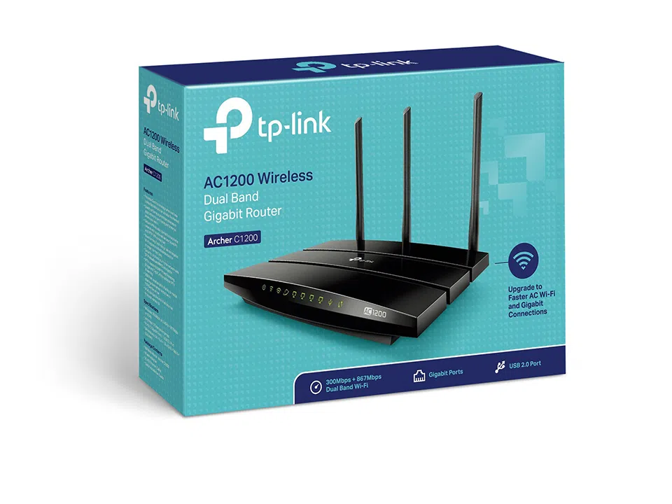 TP-LINK  Archer C1200, AC1200 Dual Band Wireless Gigabit Router, Atheros, 867Mbps at 5Ghz + 300Mbps at 2.4Ghz, 802.11ac/a/b/g/n, 1 WAN + 4 LAN, Wireless On/Off and WPS button, 1xUSB port for modem, Printer/Storage Sharing, 3 external antennas