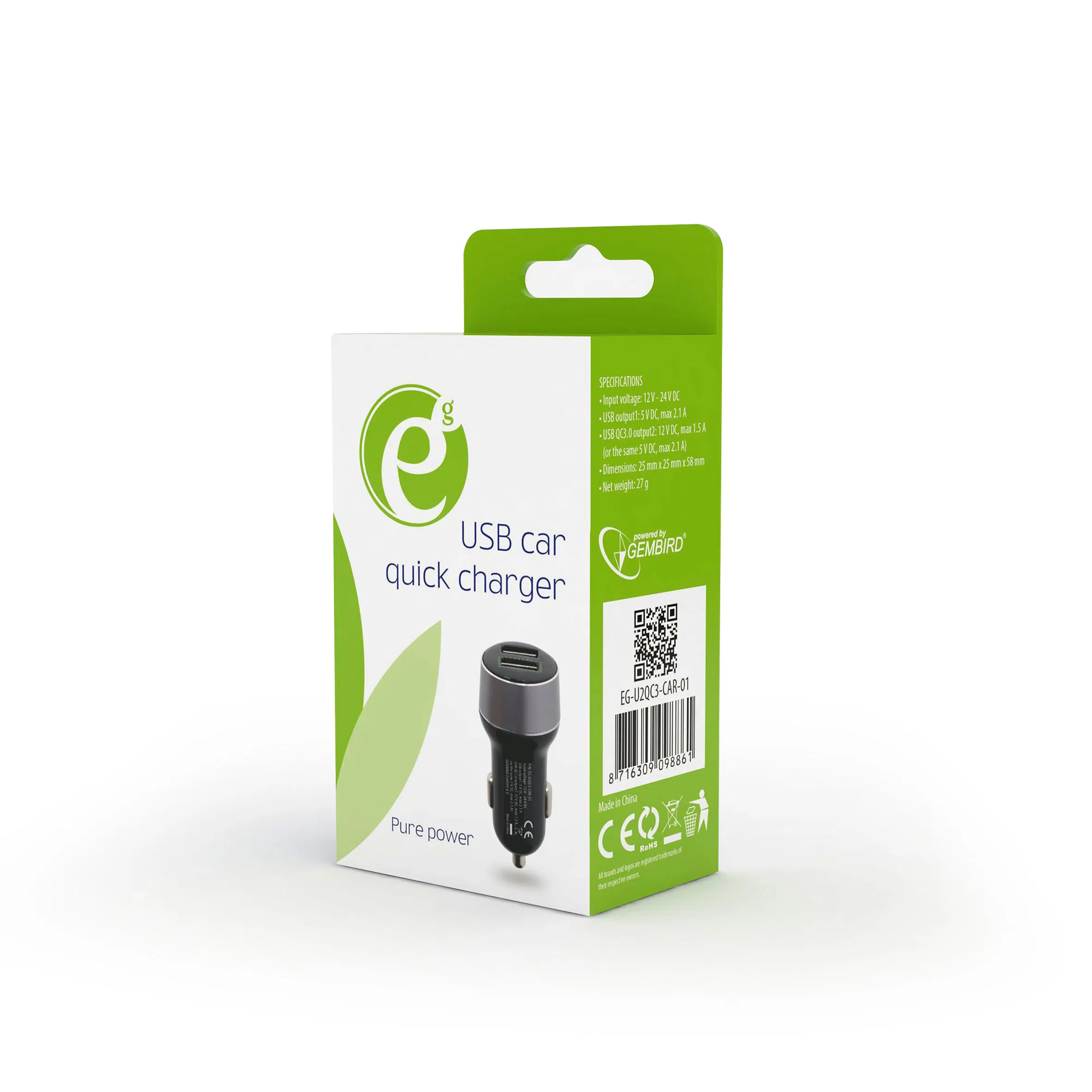 USB Car Charger Quick Charge QC3.0 - EnerGenie EG-U2QC3-CAR-01, 2x USB ports, Input 12-24V DC, Output: 1x 5V DC, max. 2.1A, 1xUSB QC 3.0: 12V DC, max 1.5A (or the same 5V DC, max 2.1A), Black