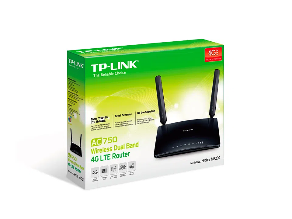 TP-LINK Archer MR200 AC750 Dual Band Wireless 4G LTE Router, 2T2R, SimCard slot, 433Mbps 5GHz + 300Mbps 2.4GHz, 802.11ac/n/g/b, 1 WAN + 3 LAN, 3 Wifi internal / 2 LTE detachable antennas