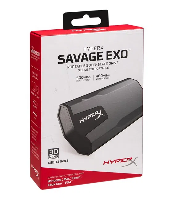 M.2 External SSD 480GB Kingston HyperX SAVAGE EXO, Sequential Read/Write: up to 500/480 MB/s, Includes USB-C to A / USB-C to C cables (USB 3.1 Gen 2 /Type C), Windows®, Mac, PS4 and Xbox One compatible, Light, portable and compact, 3D TLC