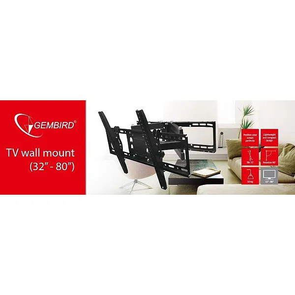 TV-Wall Mount for 32" - 80''- Gembird "WM-80RT-01", Rotate & Tilt, max. 50 kg, Rotation 90°, Tilting angle 15°, Distance TV to Wall: 125-470 mm, max. VESA 600 x 400, Black