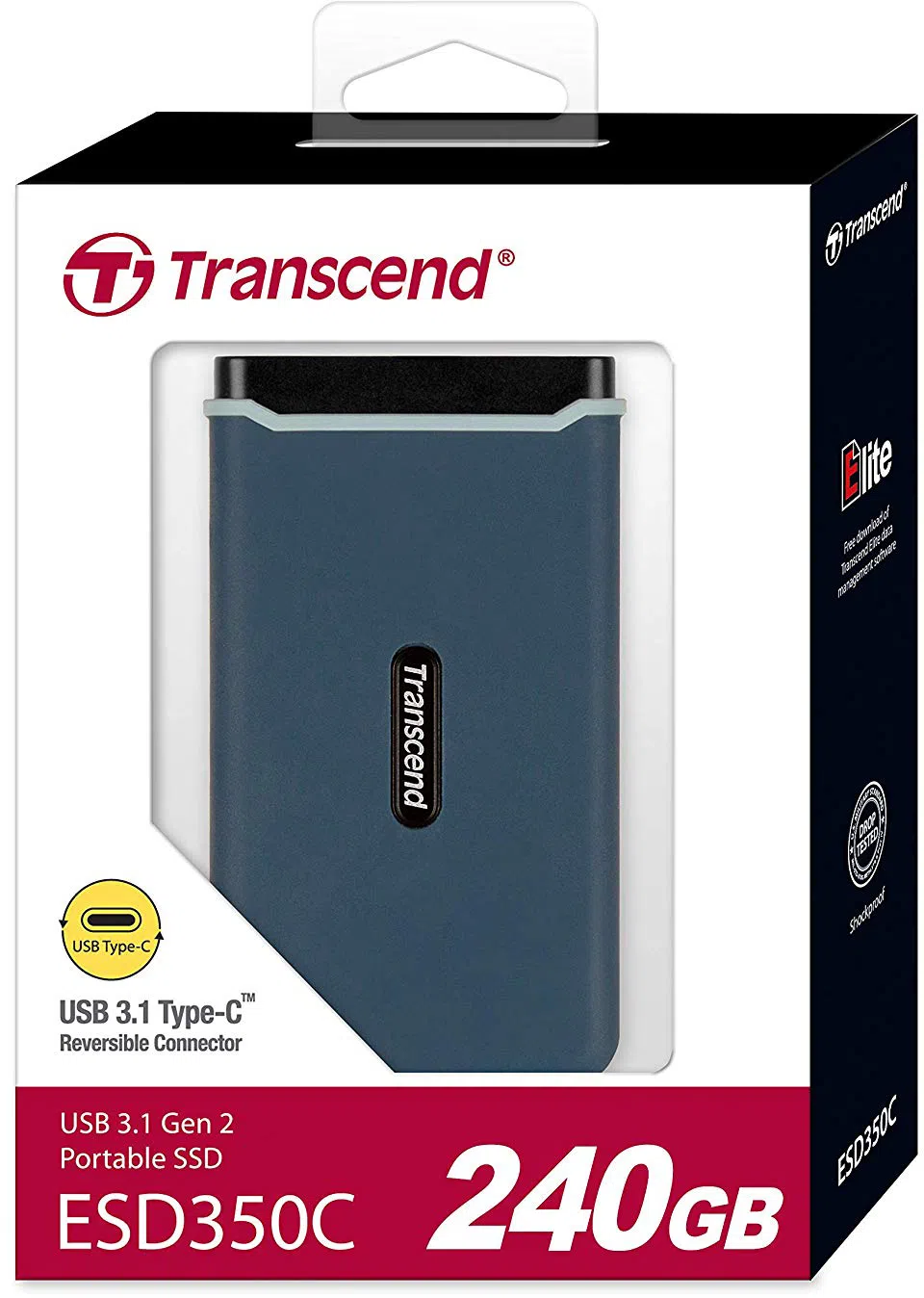 M.2 External SSD 240GB Transcend ESD350C, Sequential Read/Write: up to 1050/950 MB/s, Includes USB-C to A / USB-C to C cables (USB 3.1 Gen 2 /Type C), Windows®, Mac, PS4 and Xbox One compatible, Light, portable and compact, 3D TLC