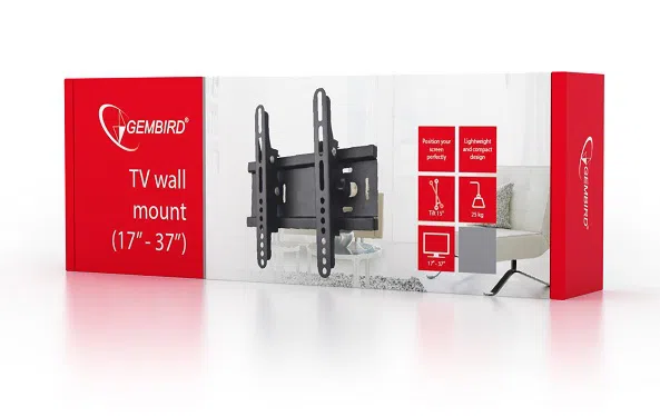 TV-Wall Mount for 17-37"- Gembird "WM-37T-01", Tilt, max. 25 kg, Tilting angle 15°, Distance TV to Wall: 50 mm, max. VESA 200 x 200, Black