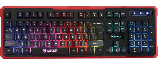 MARVO "K629G", Gaming Keyboard, 104 keys, multimedia functions, 19 anti-gosting keys, frame less design with full-height keys, Sound sensible rainbow colors light, 9 light effects, USB, EN layout, Black 3