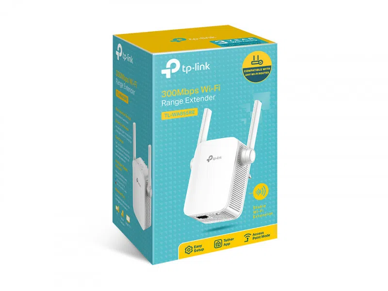 TP-LINK TL-WA855RE N300 Wireless Wall Plugged Range Extender, Atheros, 2T2R, 300Mbps 2.4GHz, 802.11n/g/b, 1 Lan Port, Ranger Extender button, Range extender mode, WPS, 2 external Antennas 2