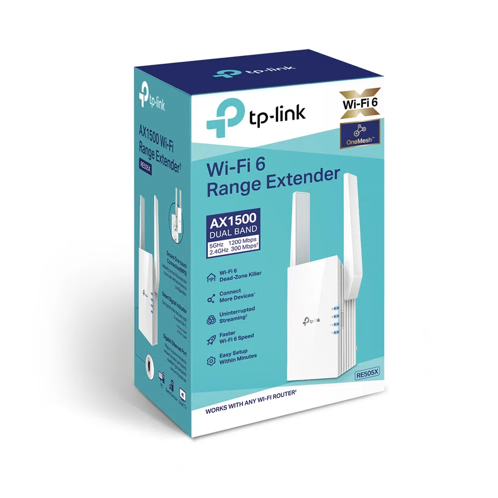 TP-LINK RE505X Wi-Fi 6 Wall Plugged Range Extender, Atheros, 1200Mbps on 5GHz + 300Mbps on 2.4GHz, 802.11ax/ac/n/g/b, 1 Gigabit Lan Port, Ranger Extender mode, Access Control, WPS, 2 external antennas 2