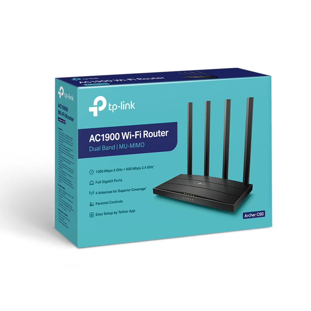 TP-LINK Archer C80 AC1900 Dual Band Wireless Gigabit Router, Atheros, 1300Mbps at 5Ghz + 600Mbps at 2.4Ghz, 802.11ac/a/b/g/n Wave 2, MIMO 3x3, MU-MIMO, Beamforming, Airtime Fairness, 1 Gigabit WAN+4 Gigabit LAN, 4 fixed antennas 4