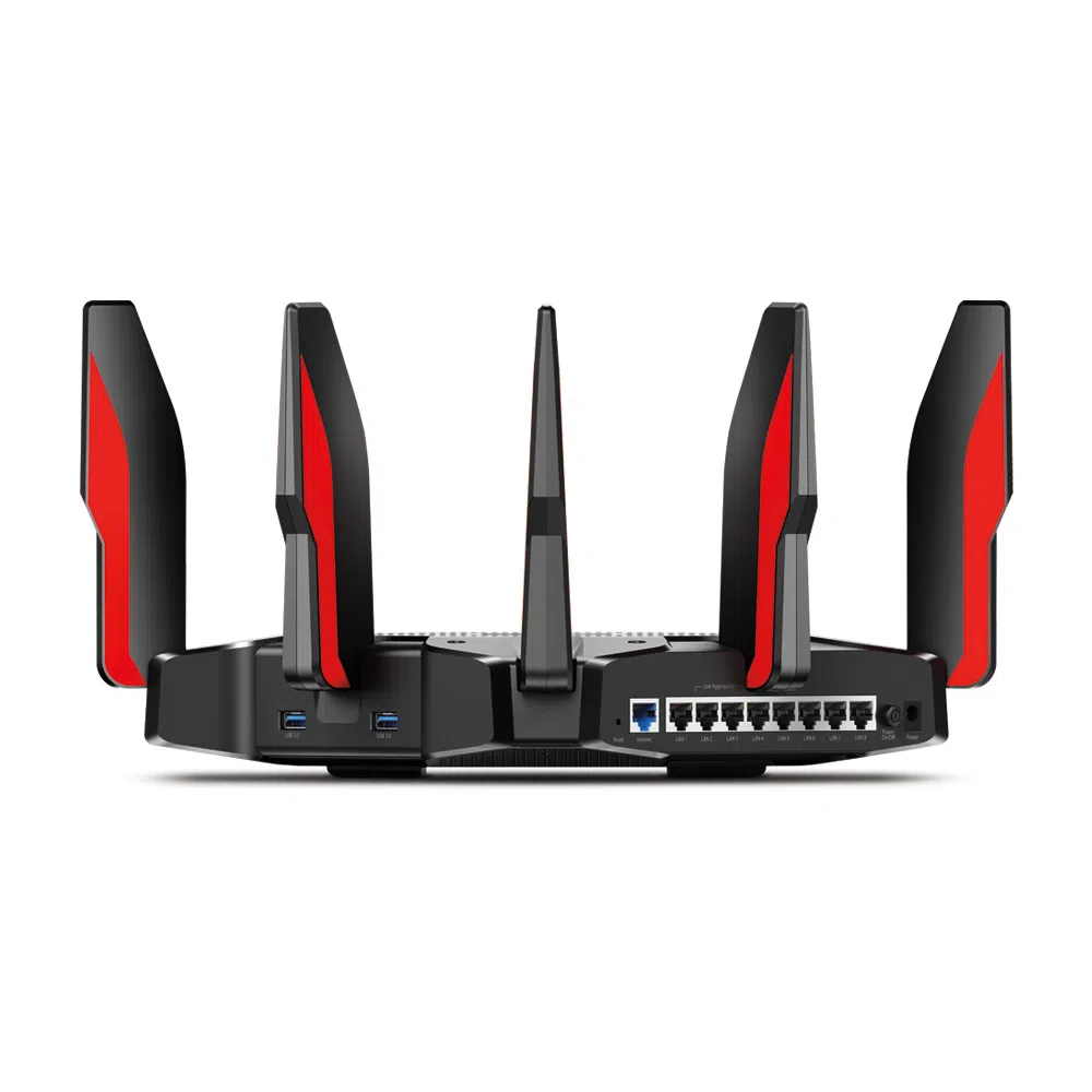 TP-LINK Archer Archer C5400X AC5400 Tri Band Wireless Gigabit Router, 2167Mbps + 2167Mbps at 5Ghz + 1000Mbps at 2.4Ghz, 802.11ac/a/b/g/n, 1 Gigabit WAN + 8 Gigabit LAN, 1.8GHz 64-bit Quad-Core CPU+3 Co-processor, 2xUSB 3.0, 8 detachable antennas 3