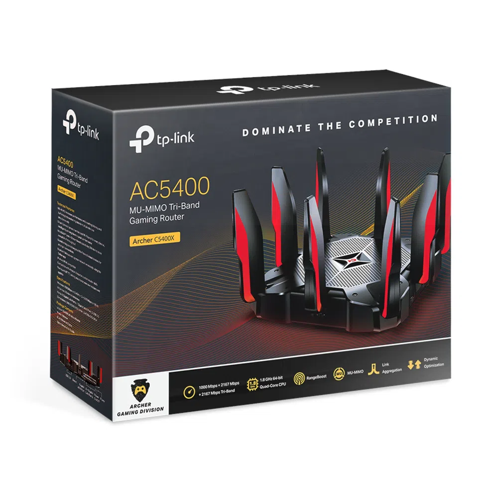 TP-LINK Archer Archer C5400X AC5400 Tri Band Wireless Gigabit Router, 2167Mbps + 2167Mbps at 5Ghz + 1000Mbps at 2.4Ghz, 802.11ac/a/b/g/n, 1 Gigabit WAN + 8 Gigabit LAN, 1.8GHz 64-bit Quad-Core CPU+3 Co-processor, 2xUSB 3.0, 8 detachable antennas 4