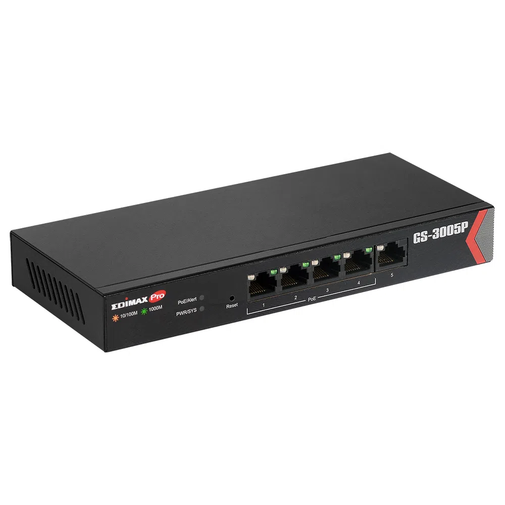 EDIMAX GS-3005P, 5-Port Gigabit Desktop PoE Switch, 5 Gigabit LAN ports including 4 PoE ports, Up to 30W per port (Total 72W) for powering PoE-enabled devices, Long range PoE power delivery distance extending up to 200 meters, steel case 3