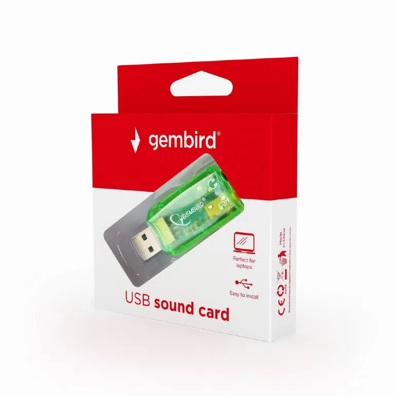 Gembird SC-USB-01 "Virtus" USB Sound Card, connectors: USB A-type male, 3.5mm stereo headphone jack, 3.5mm microphone input jack, 3.5 mm line-in jack 2