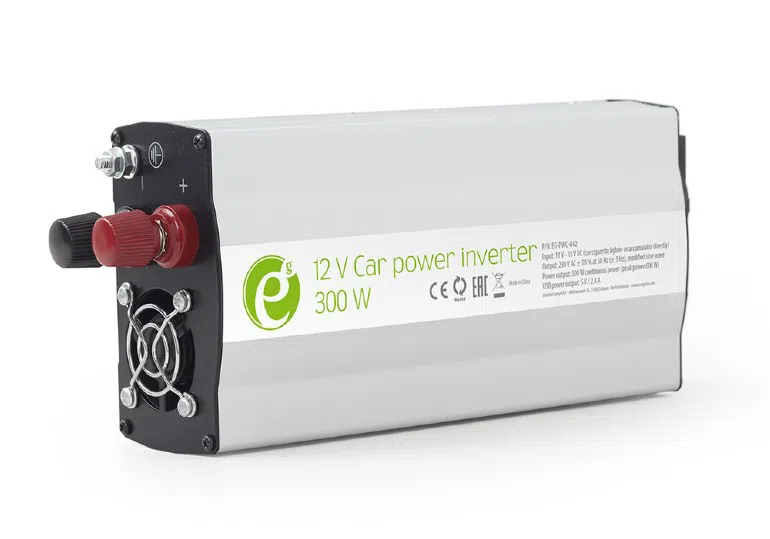 EnerGenie EG-PWC-042, 12V Car power inverter, 300W, with USB port / 5V-2.1A, Power output: 300 W continuous power (peak power 600 W), Output: 230 VAC, Input: 11-15 VDC (car cigarette lighter or accumulator directly) 5