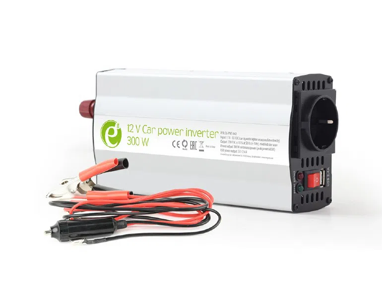 EnerGenie EG-PWC-042, 12V Car power inverter, 300W, with USB port / 5V-2.1A, Power output: 300 W continuous power (peak power 600 W), Output: 230 VAC, Input: 11-15 VDC (car cigarette lighter or accumulator directly) 4