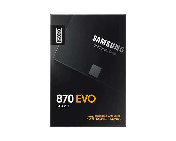 2.5" SSD 250GB Samsung SSD 870 EVO, SATAIII, Sequential Reads: 560 MB/s, Sequential Writes: 530 MB/s, Max Random 4k: Read: 98,000 IOPS / Write: 88,000 IOPS, 7mm, 512MB Cache, Samsung MKX controller, V-NAND 3bit MLC 4