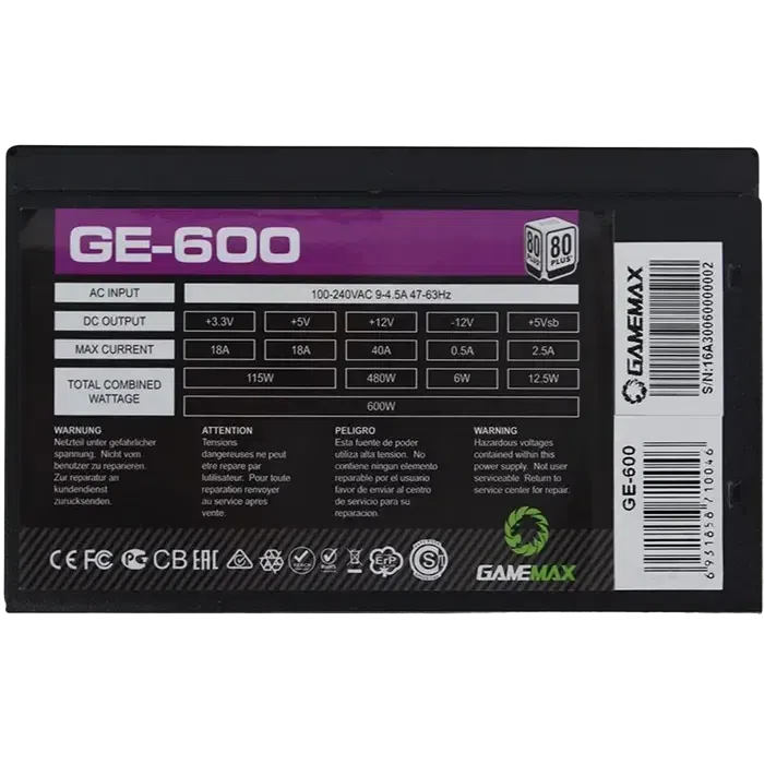 Блок питания для компьютеров Gamemax GE-600, 600 Вт, Черный 6