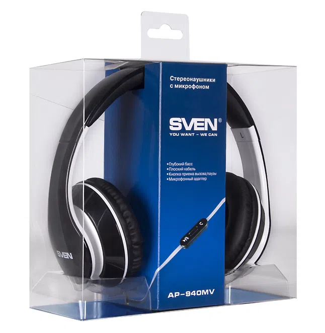 Headset SVEN AP-940MV with Microphone, Black-White, 3,5mm jack (4 pin), adapter 2 x 3,5mm jack 3pin