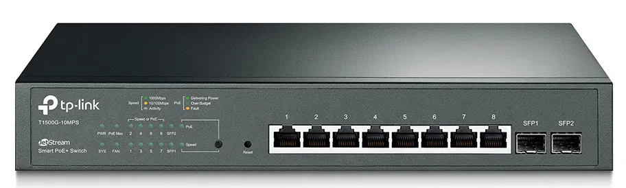 .8-port Gigabit  Smart PoE Switch, TP-LINK "T1500G-10PS(TL-SG2210P)", with 2 SFP Slots , steel case
