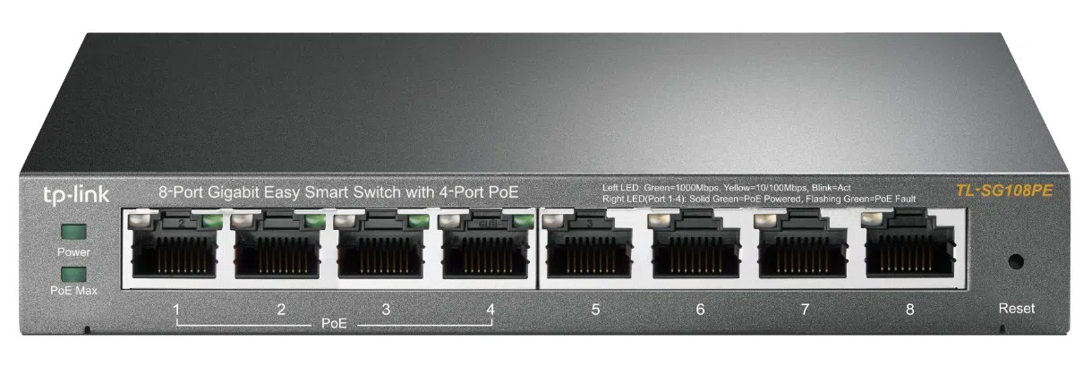 .8-port Gigabit Easy Smart Switch with 4-Port PoE TP-LINK "TL-SG108PE", steel case